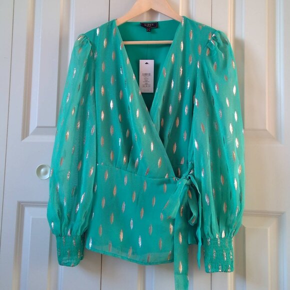 NWT Lipsy Green Wrap Top with Gold and Silver Lurex Pattern UK Size 12 US Size 8 - Picture 2 of 10